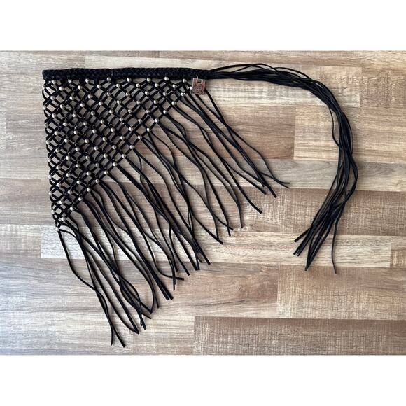 Vintage Y2K Women Mudd Studded Macrame Fringe Faux Suede Scarf Bohemian Festival - Picture 1 of 3